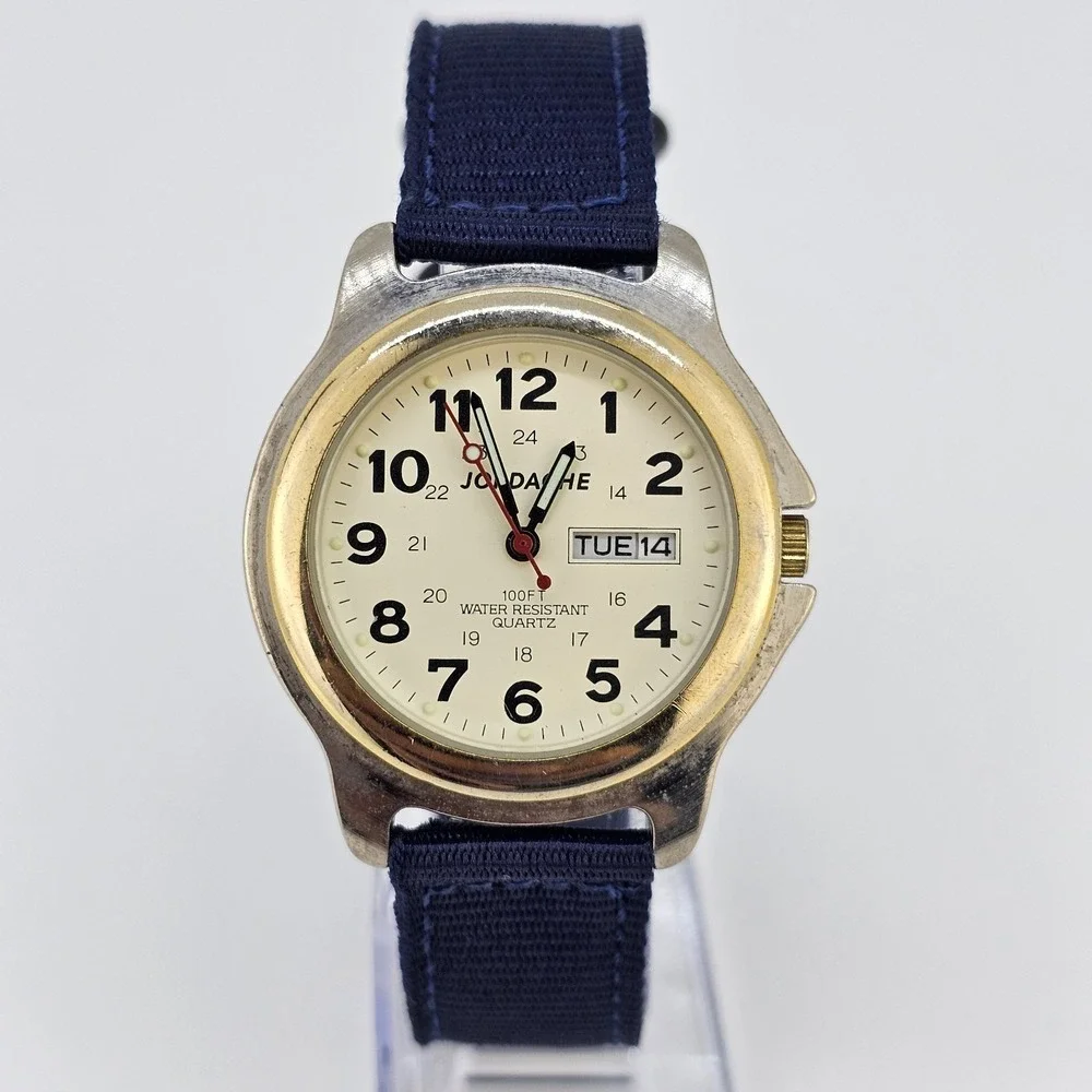 VTG Jordache Unisex Watch 38MM Cream Dial DayDate NEW Blue Nylon Bands Battery